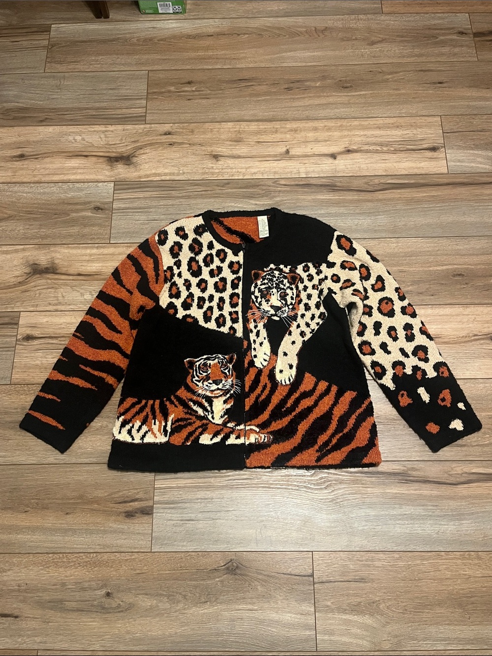 Vintage Design Options Jungle Cardigan Sweater Tiger Leopard Full Zip Women’s XL